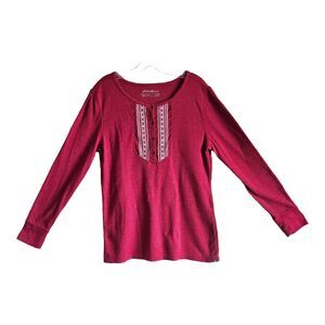 EDDIE BAUER Women's XL Henley Top Red Embroidered 1/4 Buttons Long Sleeve 38"